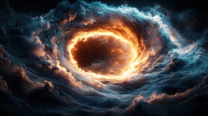 Fiery Nebula Swirl Dynamic Abstract Cosmic Energy Vortex with Dark Blue Clouds and Golden Light.
