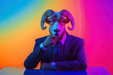 ram. in a business suit. at the work desk in the office. on an isolated multi-colored bright background