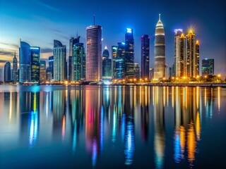 Fototapeta premium Stunning Long Exposure of Doha Skyline at Night Featuring Modern Architecture and Vibrant City Lights in Qatar, Middle East Capturing the Essence of Urban Life and Innovation