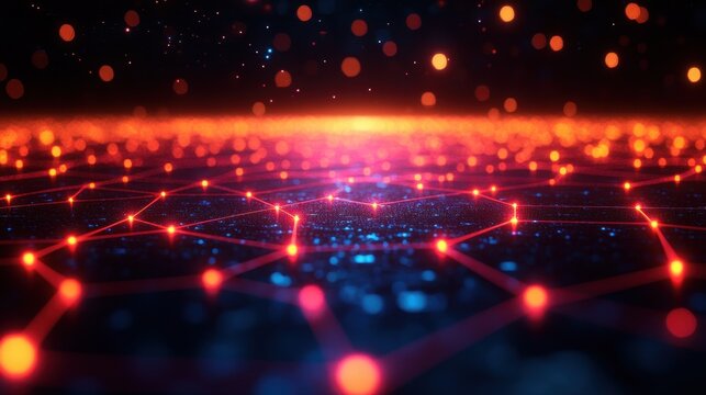 Abstract Glowing Red Network Grid with Bokeh Lights on Dark Background, Technology Concept.