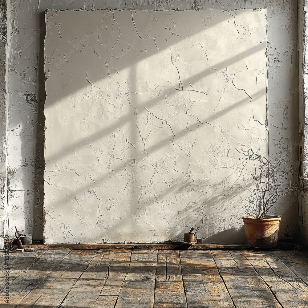 Poster empty canvas on textured wall with sunlight and art supplies in rustic studio space.