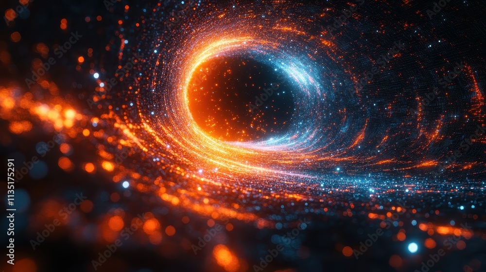 Poster abstract swirling cosmic energy vortex with glowing particles in deep space.