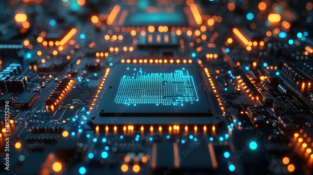 Poster abstract close-up of illuminated computer circuit board with orange and blue lights, modern technolo