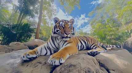 Majestic tiger resting on rocks in lush tropical environment.