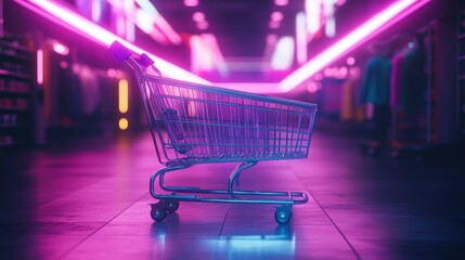Empty shopping cart in neon-lit store aisle.