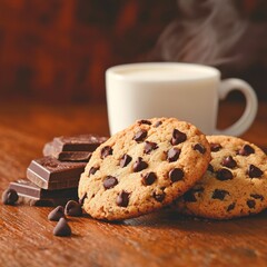 Fototapeta premium A cozy scene featuring chocolate chip cookies and a steaming cup of coffee.