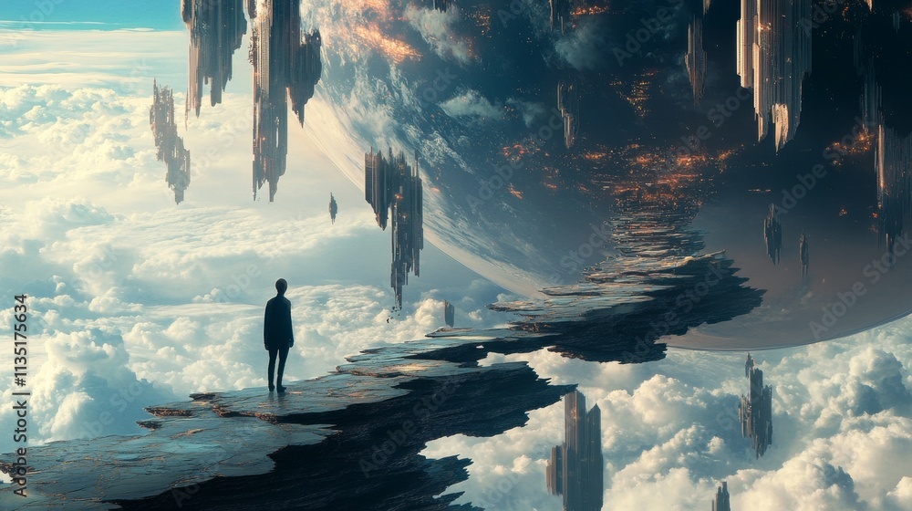 Poster a lone traveler walks along a surreal floating path leading towards a massive planet with futuristic