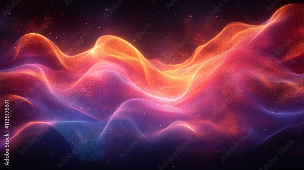 Poster abstract flowing energy wave with cosmic sparkles, glowing particle gradient background.