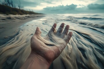 A dreamy photo. In one hand, a large handful of quicksand slipped out of the palm, and a line of fine sand flowed to the ground.