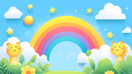 Naklejka premium Cute cartoon frame border vector illustration with sun rainbow and leaves vector flat design of a colorful cute simple border frame template for a school notebook. Parhelion. Illustration