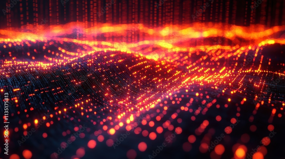 Poster abstract red digital data stream wavy background with bokeh lights
