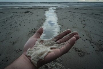 A dreamy photo. In one hand, a large handful of quicksand slipped out of the palm, and a line of fine sand flowed to the ground.