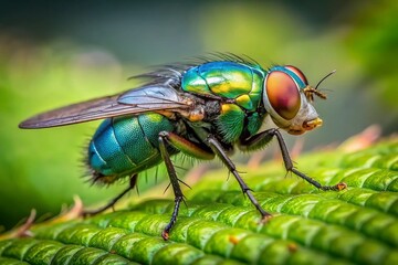 Stunning Macro Photography of a Colorful Fly on a Leaf with Copy Space for Text - Perfect for Nature and Insect Lovers, Educational Materials, and More