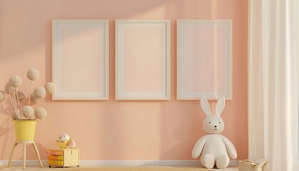 Mock up poster frame in children room interior background,3D rendering