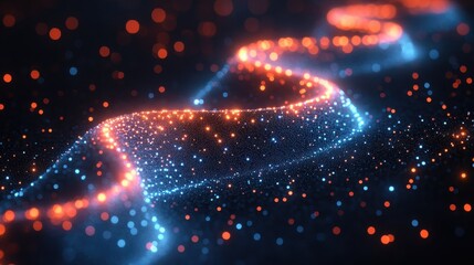 Dynamic Abstract Flow of Glowing Red and Blue Particles on Dark Background.