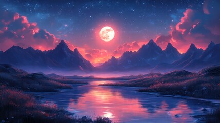 Serene Full Moon Landscape with Pink Clouds and Mountain Reflections Over a Calm River at Twilight.