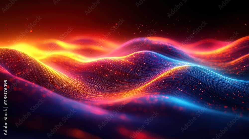 Poster abstract dynamic wavy background with flowing light particles in fiery colors and deep blues.