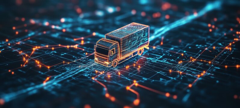 A digital map with a moving delivery truck icon and a dotted route, showing the journey of a package from start to finish