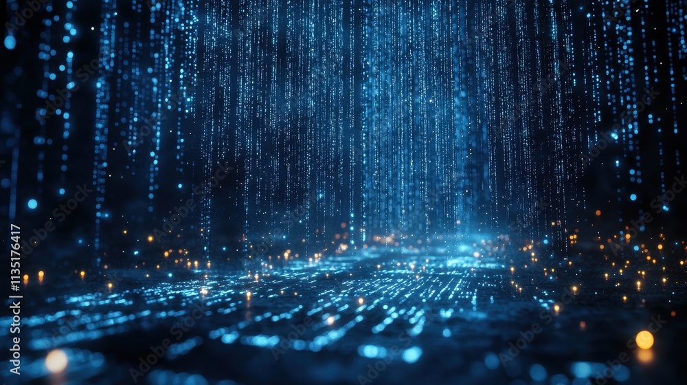 Poster abstract digital data stream with blue and orange particles on dark background.