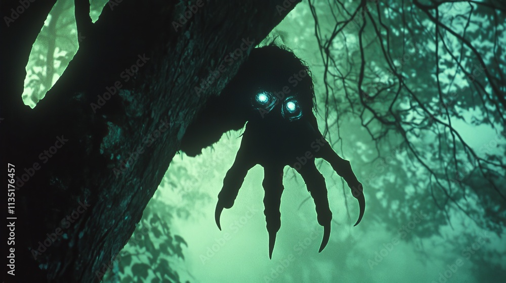 Poster a dark creature peers from behind a tree, its glowing eyes piercing through the mist. the eerie sett