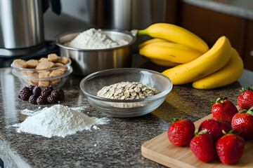 Colorful fruits and wholesome grains await a nutritious breakfast preparation in a cozy kitchen
