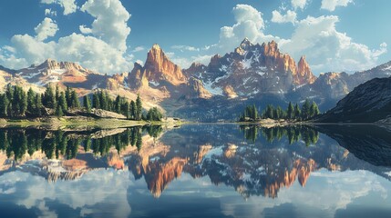 Majestic mountain reflection in serene lake surrounded by evergreens on a sunny day