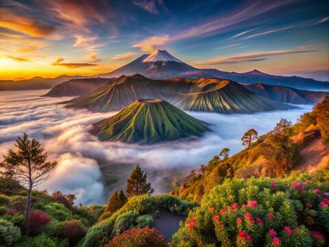Stunning Macro Photography of Java Island's Bromo, Batok, and Sumeru Mountains Amidst Wild Deserts and Morning Mist, Capturing Nature's Serenity and Beauty