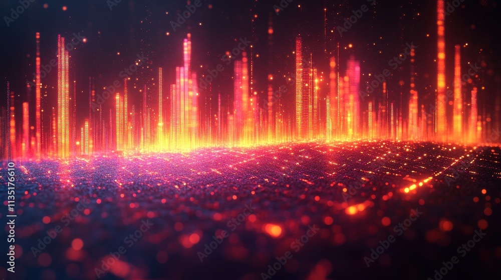 Poster abstract digital cityscape with glowing data visualization on dark background.