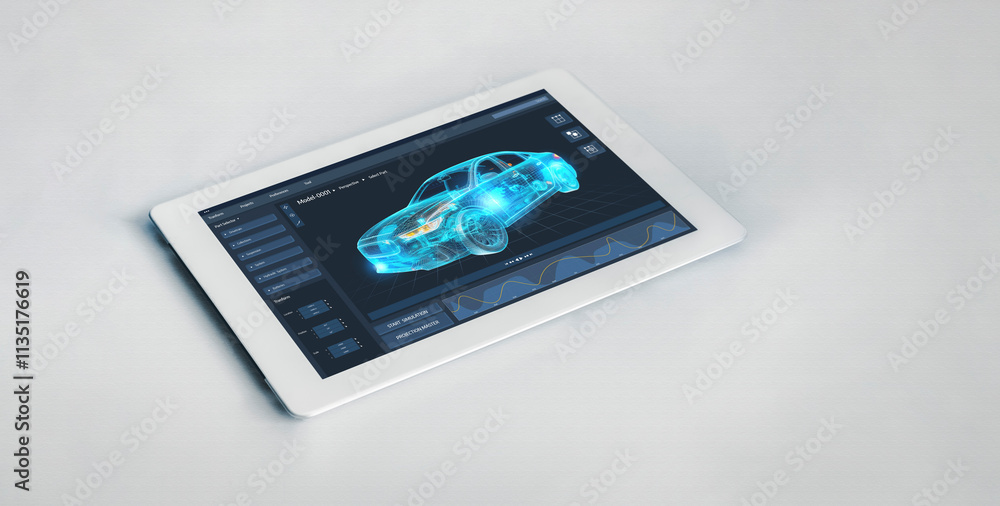 Poster electric car design software on computer screen showing simulation blueprint snugly by digital calcu