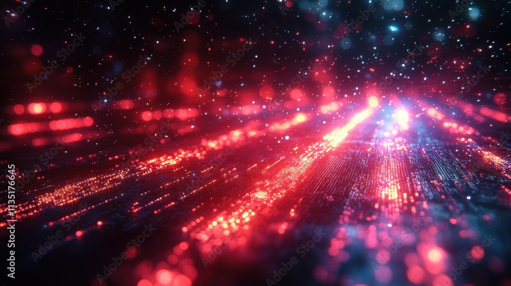 Poster abstract digital matrix with red and blue bokeh lights, data flow visualization.