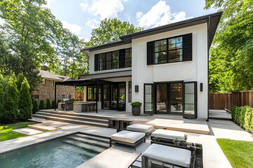 Contemporary house featuring black shutters and a modern patio