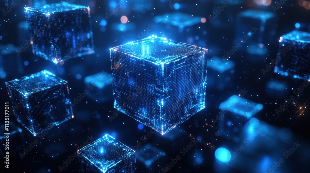 Poster glowing blue digital cubes abstract background futuristic technology, data network, and blockchain c