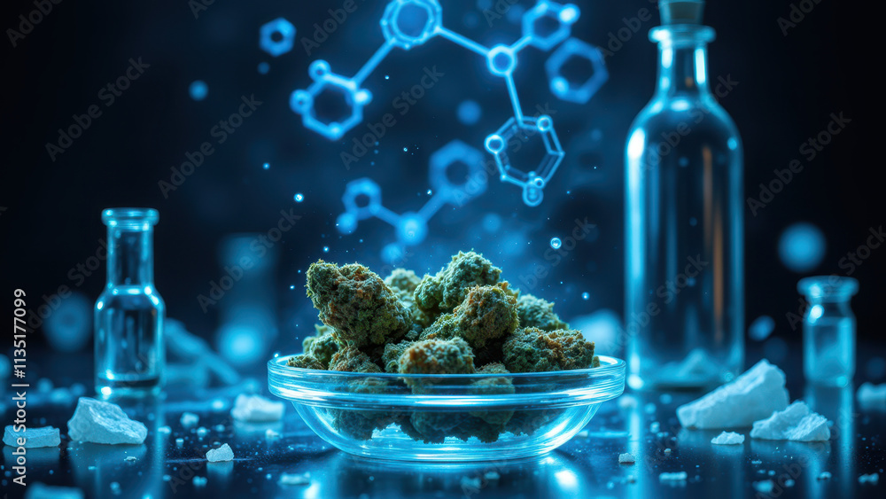 Poster a scientific setting with a thc molecule highlighted in a lab-like environment filled with blue ligh
