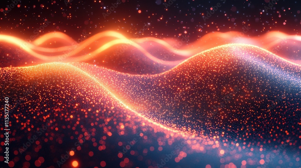 Poster Abstract Glowing Particle Waves Red and Orange Bokeh Background Texture for Design