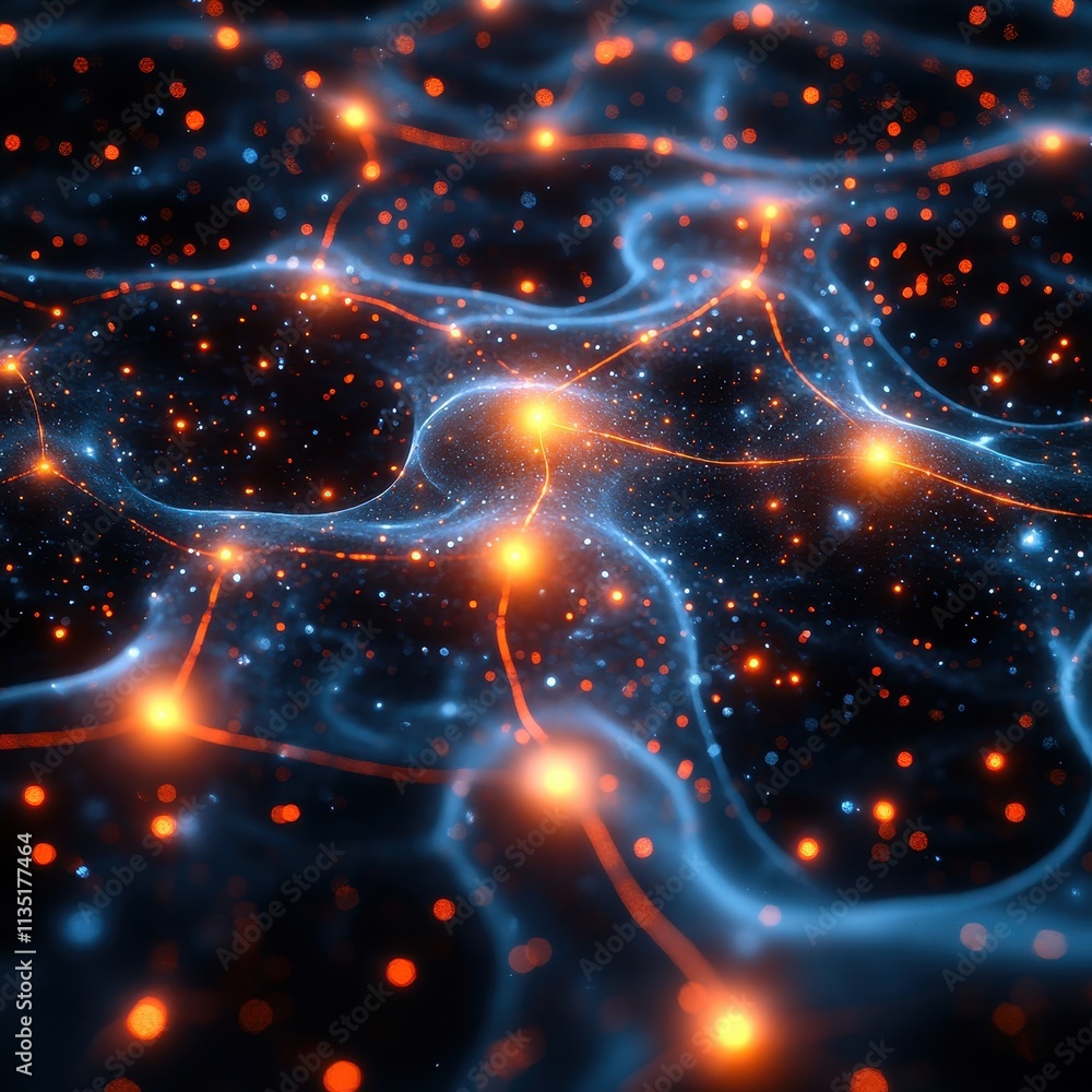 Poster abstract glowing network connection with orange nodes and blue nebulous lines on black background.