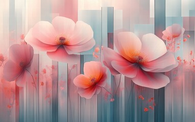 Abstract Pink and White Flowers with Geometric Background in Soft Tones.