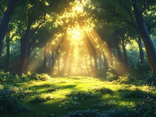 Obraz premium Radiant Sunlight Bursting Through Forest Canopy, Creating a Luminous Natural Scene.
