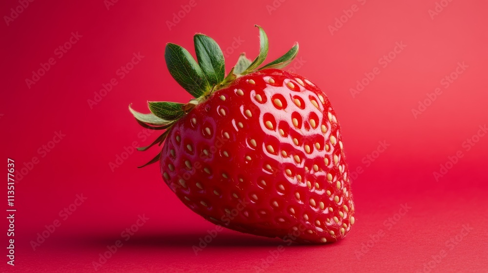 Poster a vibrant strawberry sits slightly tilted on a deep red surface, creating a minimalist yet striking 