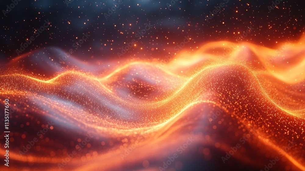 Poster abstract fiery glowing particle waves background with bokeh and dark sky