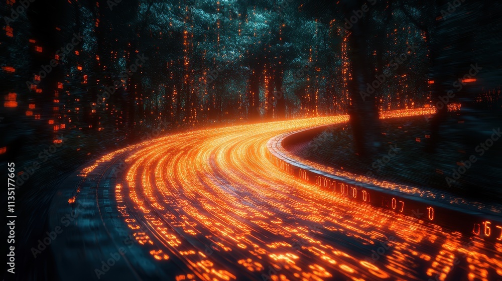 Poster digital data stream flowing through a dark forest, abstract tech landscape.