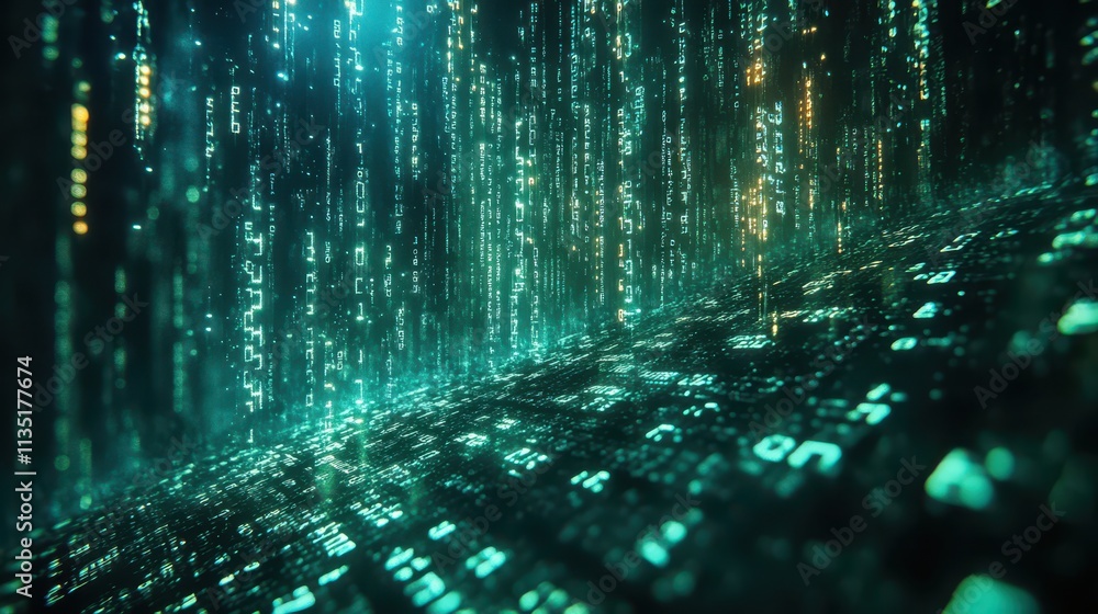 Poster abstract futuristic data stream with glowing binary code and digital rain, teal and gold lights.