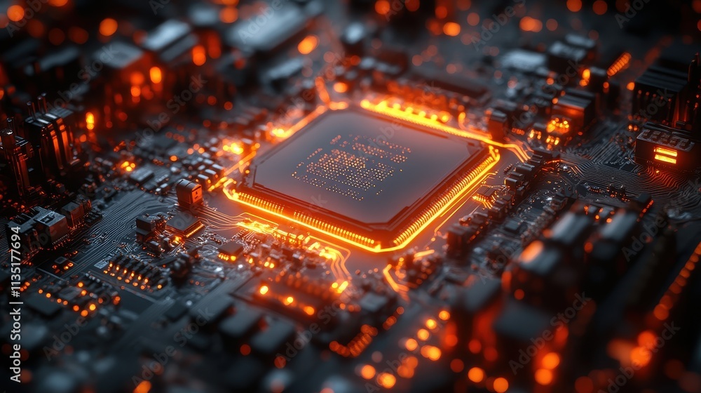 Poster glowing microchip with intricate circuits and reddish orange highlights on a dark background, abstra