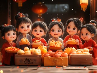 Group of Cartoon Characters Holding Delicious Food
