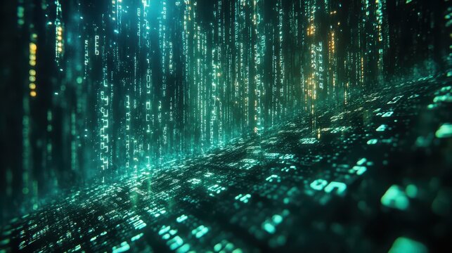 Abstract Futuristic Data Stream with Glowing Binary Code and Digital Rain, Teal and Gold Lights.