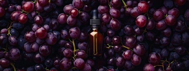 grape essential oil in a bottle. Selective focus.