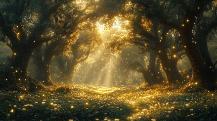 Fototapeta premium Enchanting Golden Hour Forest Scene Magical Firefly Lit Pathway Through Mystical Woods with Blooming Flowers