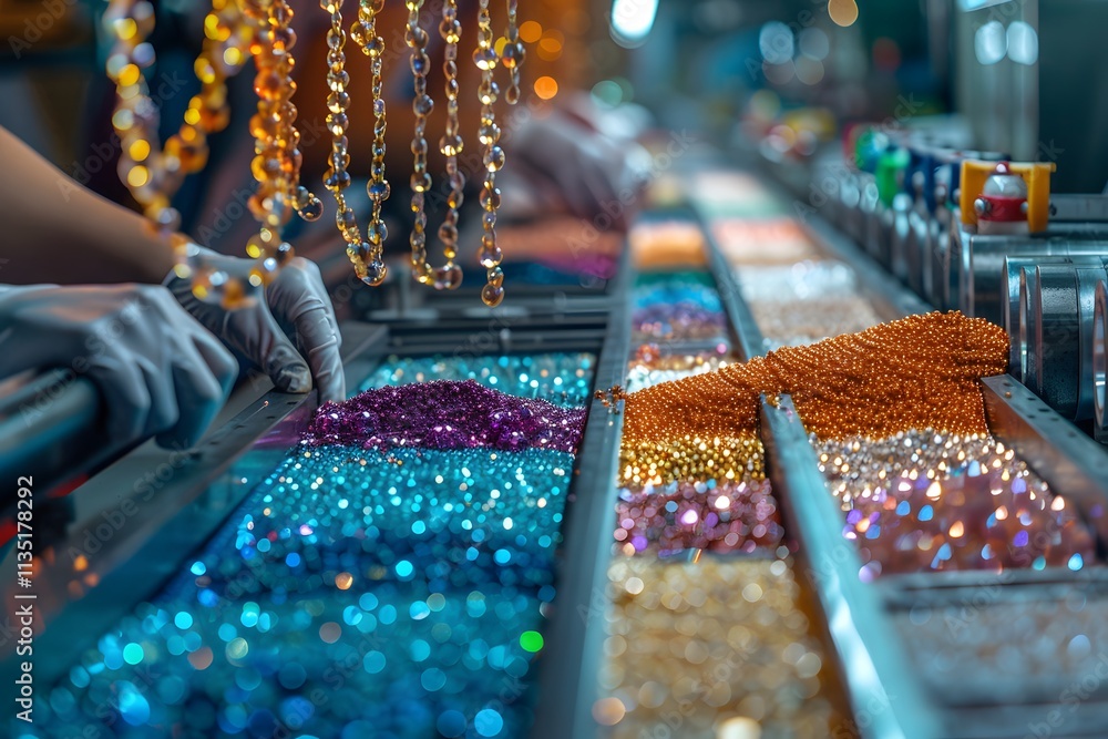 Poster vibrant display of colorful beads and gems in a craft workshop