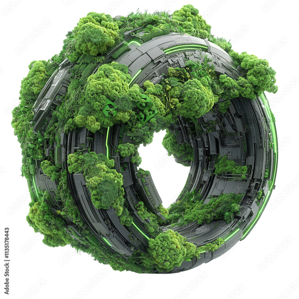Poster a futuristic green structure resembling a circular form intertwined with lush trees and foliage isol