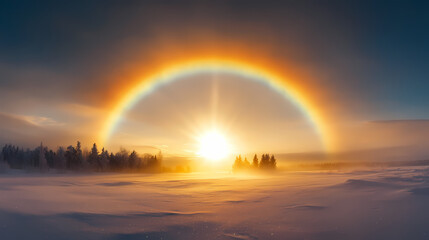 A captivating image of sun dogs flanking a bright sun, visible as colorful halos of red, yellow, and blue in a frosty sky, suggesting a chilly but sunny winter day. Parhelion. Illustration