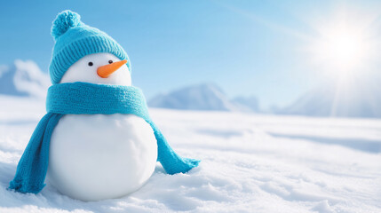 Snowman wearing a blue scarf and hat on a winter day